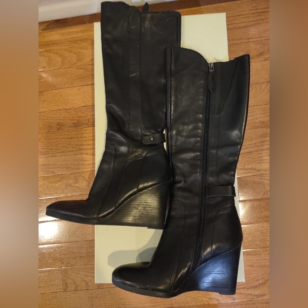 Franco Sarto Black Leather Wedge Boots - 6.5 - Never Worn